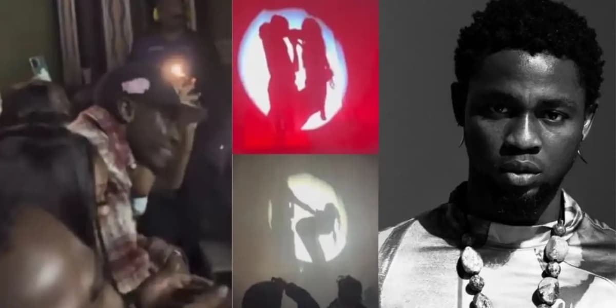 Omah Lay en concert, interagissant avec le public, ambiance festive et énergique.