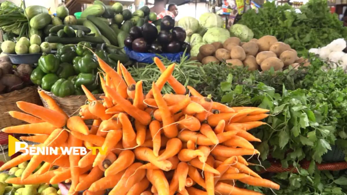 Étalage coloré de légumes frais au marché de Vèdoko, Bénin.