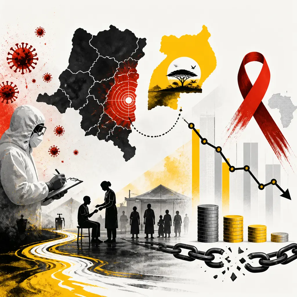 Illustration editoriale pour RDC : Ebola Bundibugyo s’accélère, éteinte en Ouganda, pression persistante du VIH